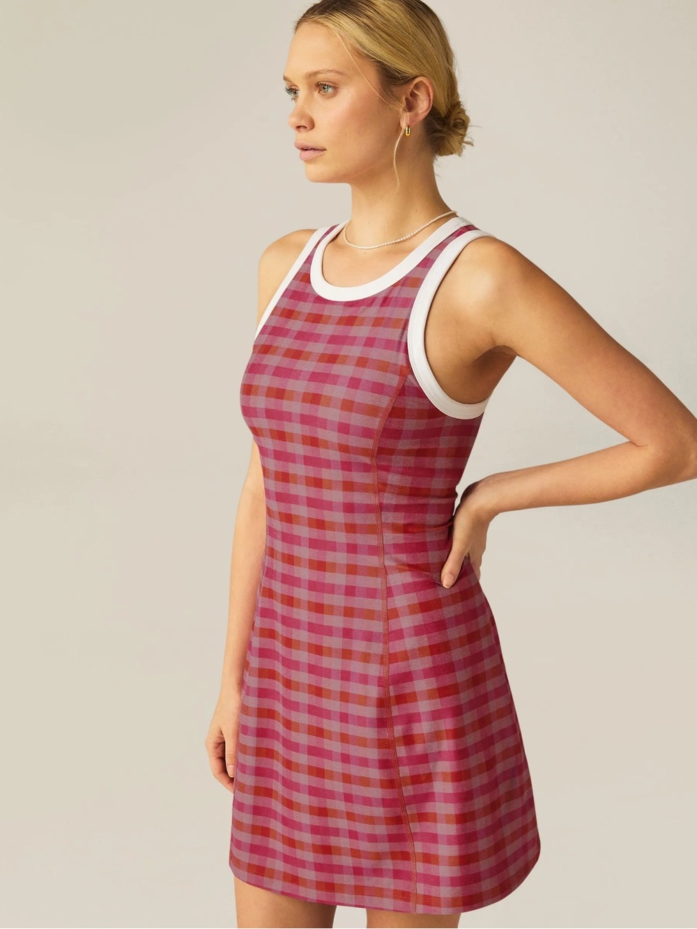 Beyond Yoga Pink Gingham Plaid Tennis Dress Small Sporty Athleisure Pickleball